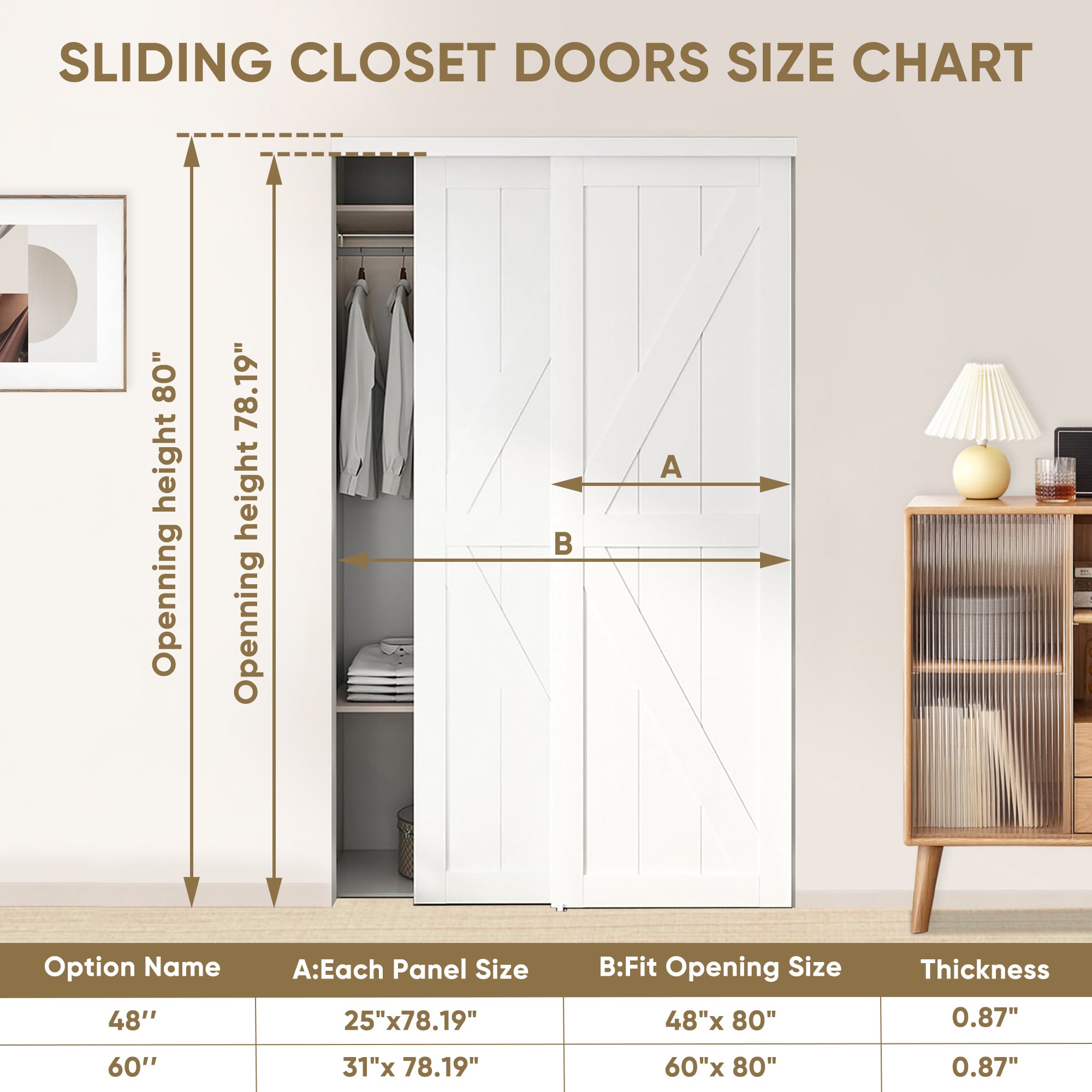 JUBEST 60"(Double 31") X80" Sliding Closet Door, K Style Bypass Closet Door With Hardware Kit & Matching Fascia, Preassembled Solid Wood Slab With Water-Proof PVC Surface, Easy To Install, White_voghion.com
